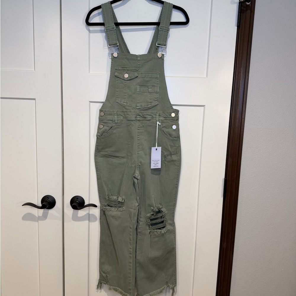 Risen Overalls Straight Leg Denim Olive Distressed Raw Hem - Picture 7 of 10